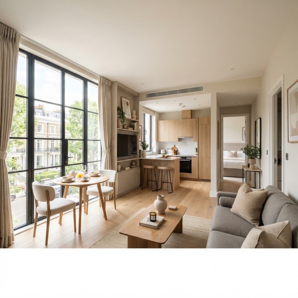 Furnished serviced apartment living area with sofa and dining table