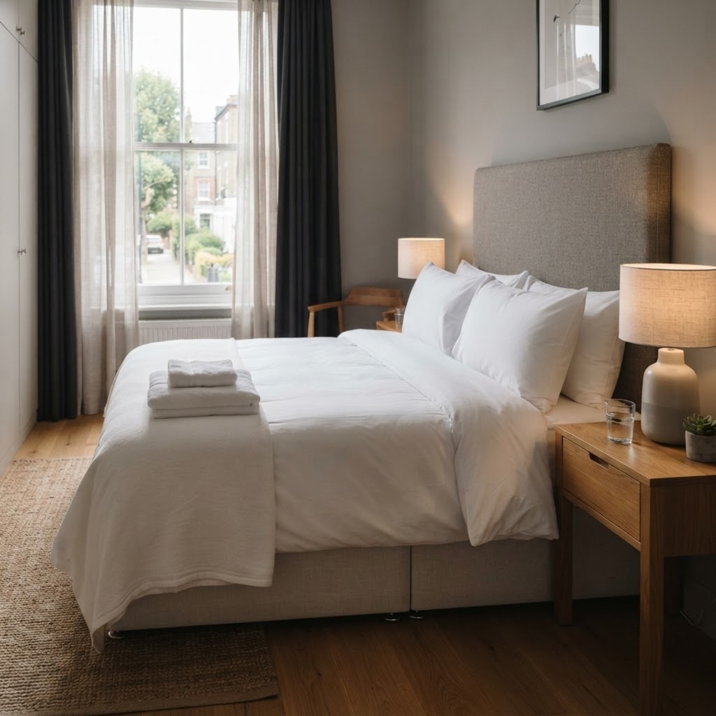 Serviced apartment bedroom with folded towels